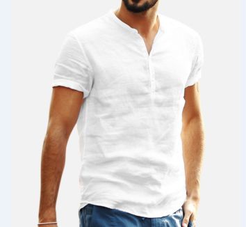 Explosion Style European and American Men's Stand-Up Collar Short Sleeve Linen Shirt
