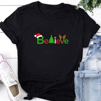 Export Believe Christmas Shirt Christmas Series Pure Cotton Casual Ladies Short-Sleeved Shirt