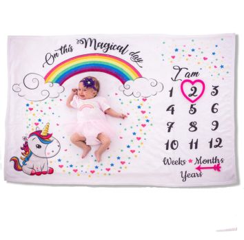 Extra Soft Thick Double Layer Printing 1 to 12 Months Flannel Fleece Unicorn Newborn Baby Monthly Milestone Blanket