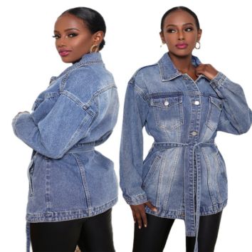 Fall Clothes Trench Coat Denim Jacket with Belt Arrivals Casual Single Breasted Slim Fit Women Jeans Coat