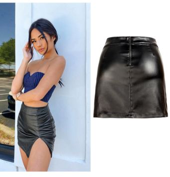 PU leather Women Ladies Girls Black leather skirt