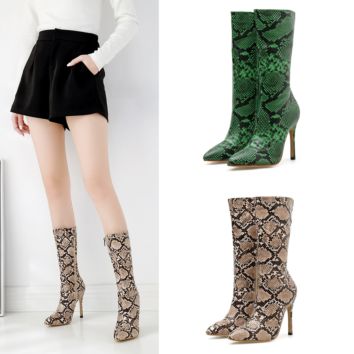 Fall Green Snakeskin Women Mid Calf High Heel Boots Pointed Toe Serpentine Leather Boots Boots Zip