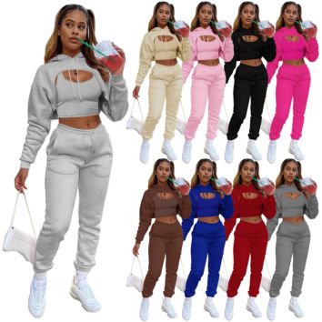 Fall Solid Color 3 Piece Sweatsuit Women Drawstring Hoodie Vest Sweat Pants Three Pcs Outfits Lady Joggers