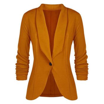 Fall Solid Color Simple Lady Office Blazer Jacket 3/4 Stretchy Ruched Sleeve Open Front Business Blazer for Women