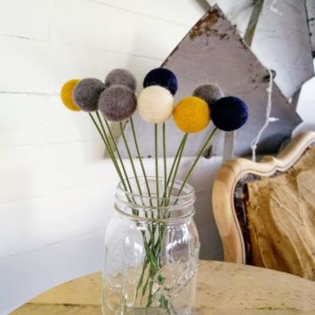 Felt Flowers | Mixed Set of Gray, White, Mustard and Navy Billy Buttons | 9" or 18" Bouquet of Felt Craspedia | Wool Felt Pom Po