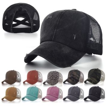 Female Cotton Mesh Sports Baseball Trucker Cap Distressed Washed Denim Cross Ponytail Hat