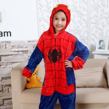 Flannel Children's Spiderman Cute Cartoon One-Piece Sleepwear Pajamas for Kids Girls and Boys