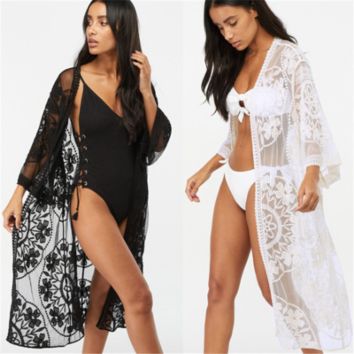 Flower Lace Beach Cover up Swimwear Kimono Flare Sleeve See through Long Cardigan Bikini Outer Cover Cover-Ups Coldker