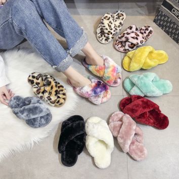 Fluffy Slippers Women Indoor Shoes Ladies Cross Leopard Print Fur Slippers Female Home Fur Slides Faux Fur Slipper