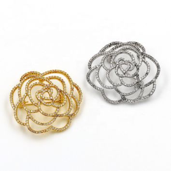 Free Customized Gold Rose Flower Crystal Brooches Silver Diamond Rhinestone Pin Brooch