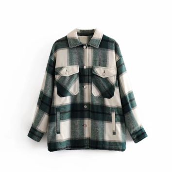 Front Pocket Design Casual Plaid Jacket Autumn Coat Women