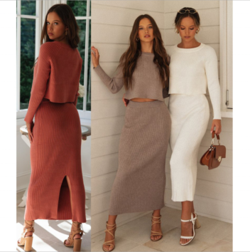 Fyb Ladies 100% Premium Cotton 2 Piece Pants Set Long Skirt Women Rib Knitted Crew Neck Skirt Sweater Dress Set for Women