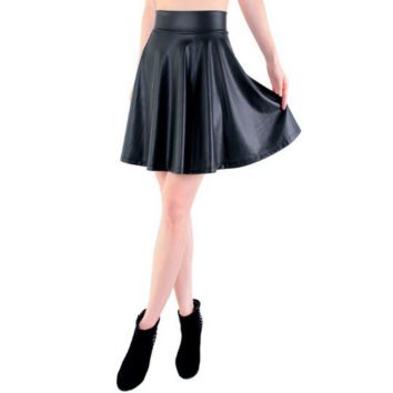 Girls Black Skater Dress Faux Leather A-Line Skirts for Ladies