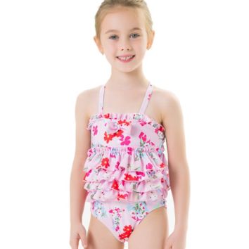 Girls Infant Swimwear One-Piece Sweet Pink Swimsuit Ruffled Floral Printed Bikini for Girls