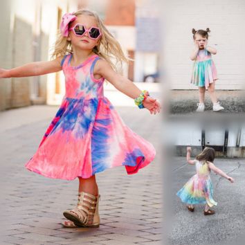 Girls Sleeveless Tie Dye Rainbow Princess Dress Casual T-Shirt Dress for Kids