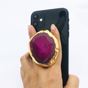 Gold Plated Natural Irregular Crystal Healing Stone Agate Druzy Quartz Slice Telescopic Folding Grip Cell Phone Holder