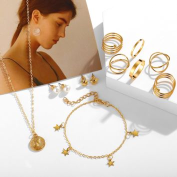 Gold Plated Necklace Star Charms Bracelets Multiple Rings Jewelry Sets for Women