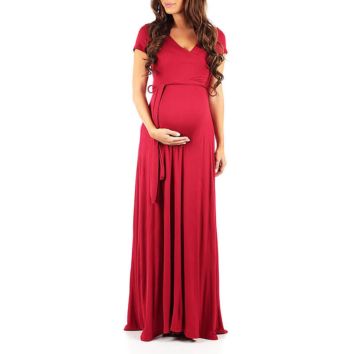 Graceful Maternity Mum Long Flowing Cross-Front Deep V Neck Solid Short-Sleeve Slim Formal Evening Nursing Dress with Waist Belt