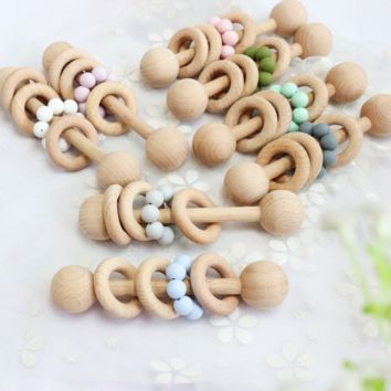 Baby Play Gym Toys Baby Teether Beech Wood Ring Wooden Rattle Silicone Beads WA 