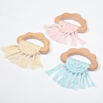 Handmade Macrame Wooden Cloud Baby Teether Soothing Ring Newborn Shower Gifts