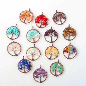 Handmade Wisdom Life Tree Pendant 7 Chakra Stone Rainbow Rose Green Crystals Necklaces