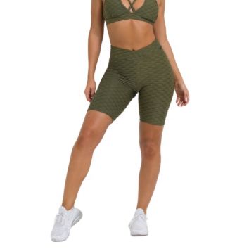 High-Rise Waistband 4-Way Stretch Olive Textured V-Cut Scrunch Women Biker Shorts