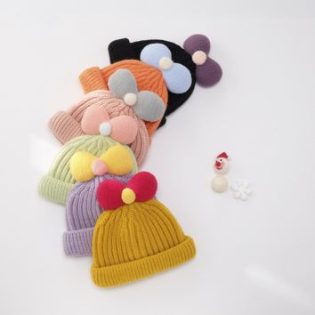 High Elastic Cartoon Bow Knot Knitted Baby Kids Cute Autumn Children Warm Beanie Hat