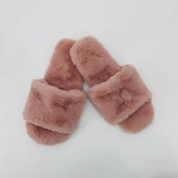 High Hope Women's Cross Band Furry Slippers House Pink Shoes Indoor Comfortable Rabbit Faux Fur Slipper