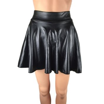 High Waist Faux Leather Skirt Women Pleated Sun Skirt Young Girl Lady Leather Skirt