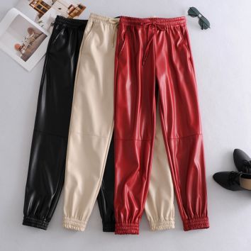 High Waist Pu Leather Trousers Women Faux Leather Pants Tapered Joggers Pants Women