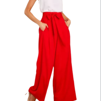 High Waist Women's Casual Pant Wide Leg Drawers with Bow Women's Trousers