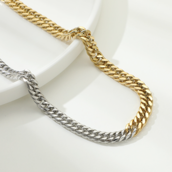 Hip Hop Men Women Jewelry Cuban Curb Chain Stainless Steel Half of Gold Half of Silver Cuban Link Chain Necklaces