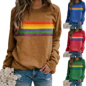 Hoodies Pullover Causal Rainbow Printed Long Sleeves O Neck Loose Sweatshirt Women Hoodies Pullover