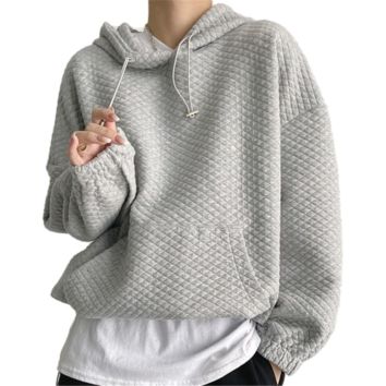 Hr231 Women Long Sleeve Cotton Blank Heavy Pullover Waffle Fabric Knit Hoodie