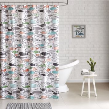Hw- Sardinia - Modern Multi-Color Fish - Cotton Printed - Designer Shower Curtain - 72" X 72" - Machine Washable