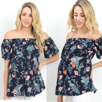 Ihsm12 Women's Floral Printed Chiffon Blouse, off Shoulder Stitching Short Sleeve Maternity Top