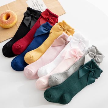 In Stock Knee High Sweet Organic Cotton Cute Children Ruffle Baby Girl Socks with Bow