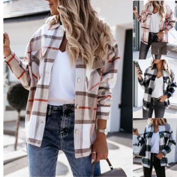 Ins Autumn and Long-Sleeved Loose Plaid Shirt Jacket Women Sherpa Fleece Jacket Plaid Shacket