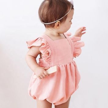 Ins Infant Toddler Ruffle Romper Fly Sleeve Sweet Princess Baby Girls Cotton Linen Rompers Infant Onesie Baby Clothes