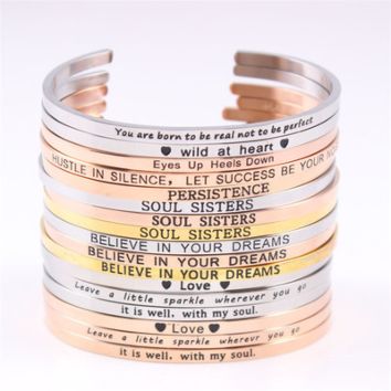 Inspirational Stainless Steel C Shape Message Bar Bracelet Hand Stamped Engraved Stainless Steel Message Cuff Bracelet Jewelry