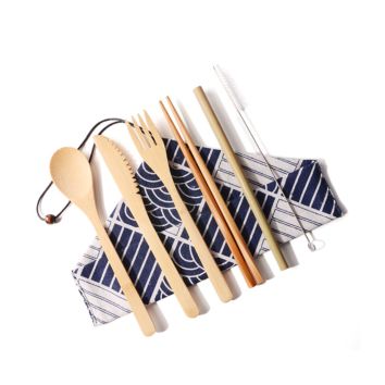 Japanese Style Portable Travel Fork Knife Fork Spoon Chopsticks and Straws Bamboo Tableware Cutlery Set