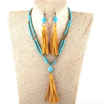 Jewelry Set Mini Turquoise Stone Yellow Tassel Choker Necklace Earring Set