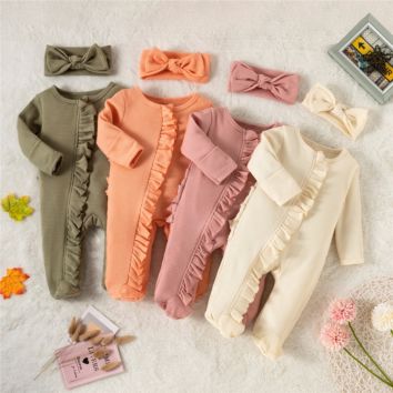 K1119387 Baby Clothing Footed Rompers Pajamas Cute Solid Color Long Sleeve Button down Kid Newborn Girl Boy Jumpsuits