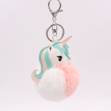 Kazufur Unicorn Fur Ball Bag Charm Pony Faux Fur Ball Keychain 8Cm