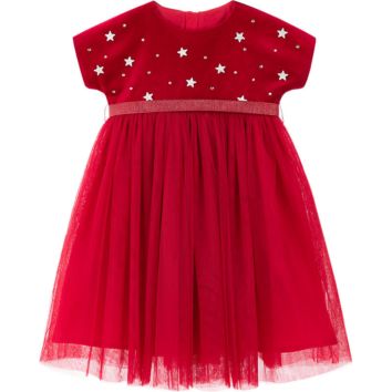 Kids Clothing Girls Christmas Red Short Sleeve Dress Children Year Holiday Party Dresses Shiny Stars Pattern Velvet Tulle