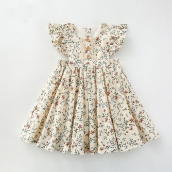 Kids Dress Casual Party Pinafore Flower Dress Ruffle Shoulder Floral Baby Girl's Dresses