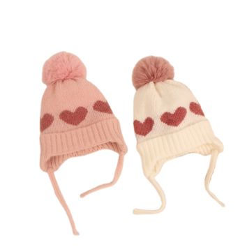 Kids Heart Earflap Hat Newborn Baby Knit Heart Jacquard Pom Pom Hat with Earflap
