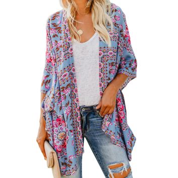 Kimono for Women with Loose Casual Style Open Front and Floral Print for Beach Coats