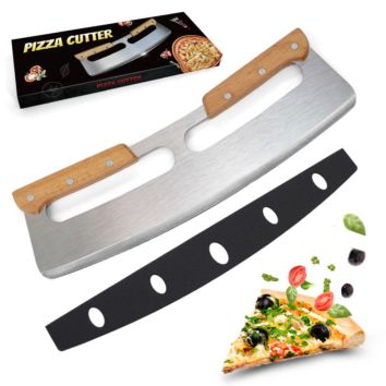 Kingforce Kitchen Mezzaluna Cover Blade Mezzaluna Chopper Knife Pizza Cutter Slicer Knife with Double Wooden Handle