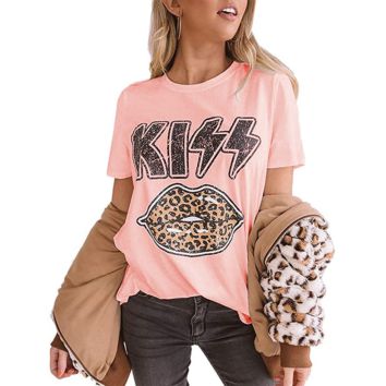 Kiss Leopard Lips Casual T Shirt